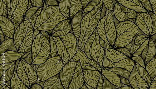 abstract leaf vein repeating pattern, biomorphic lines leaves in gold and black color