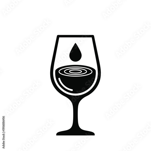 Close-up vector illustration of wine drop falling into glass creating ripples, conveying pure taste