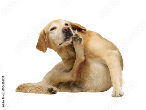 A Dog in Distress: A golden retriever is seen scratching an itch, showcasing the everyday struggles of canine life.