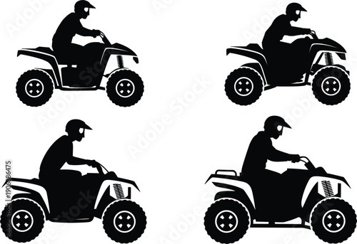Four silhouettes of people riding all-terrain vehicles on a white background Keywords: ATV, all-terrain vehicle, quad bike