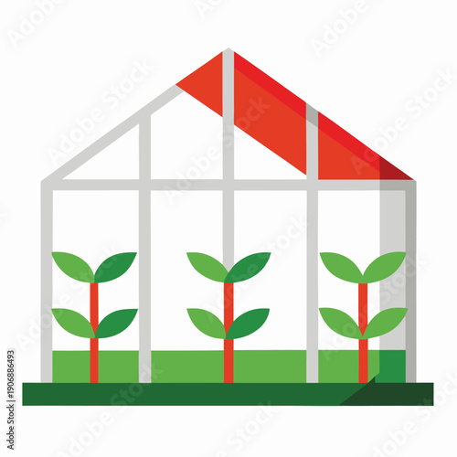 Greenhouse with Growing Plants and Red Roof on White Background (791