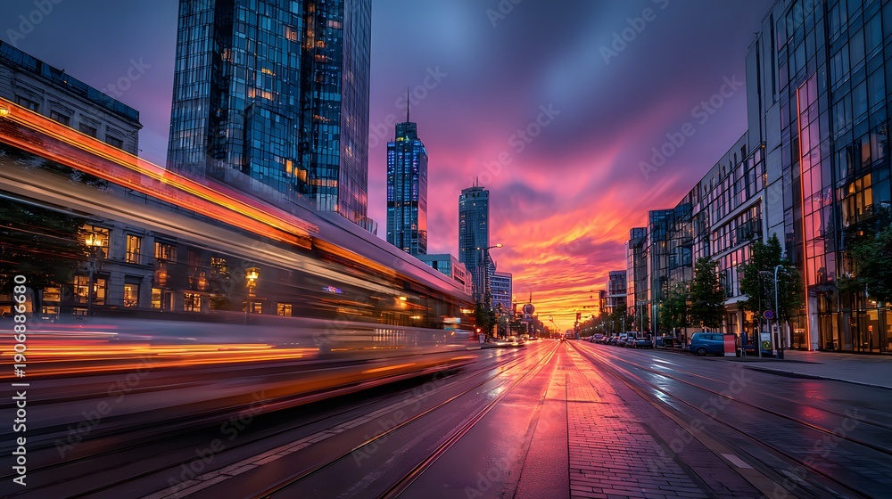 Fototapeta premium Dynamic urban street scene at sunset shows motion-blurred car lights in front of a modern glass office building under a vibrant purple sky.