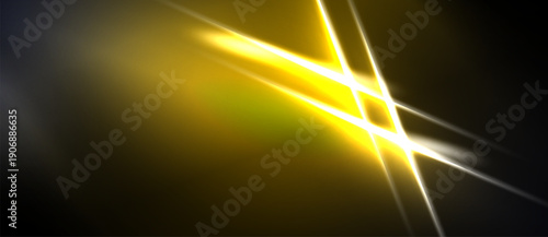 Abstract golden light streaks intersect dark background. Bright energy radiates, creating dynamic visual effect. Intense glow dominates composition.