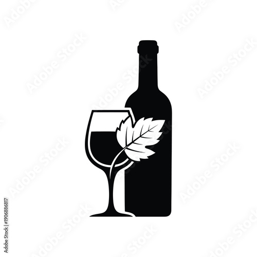 Wine bottle glass grape leaf icon, simple graphic illustration for menu, restaurant, winery, tasting, event, beverage