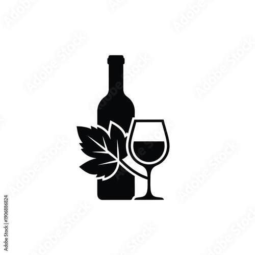 Black icon of wine bottle and glass with grape leaf for organic wine symbol isolated