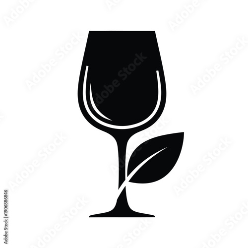 Black icon of wine glass with green leaf symbol for organic drink on white background