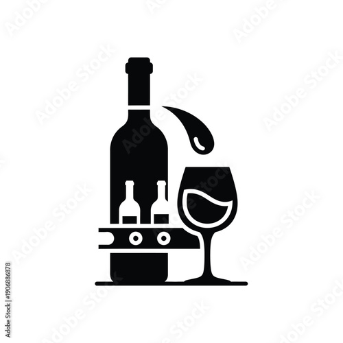 Industrial wine production icon with conveyor belt bottle and glass silhouette for winery manufacturing business logo