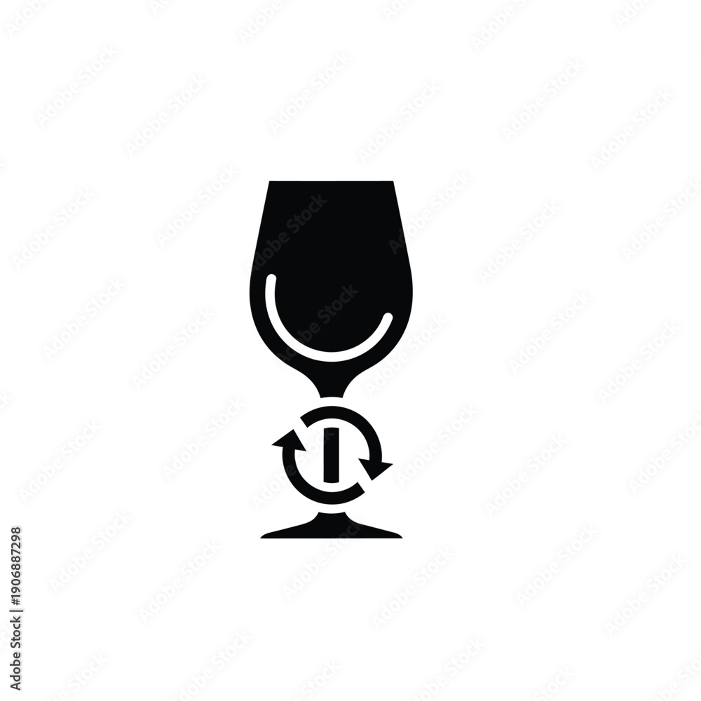 Fototapeta premium Eco wine glass with recycle symbol isolated on white background, black and white flat vector illustration, recycling concept