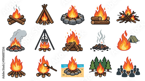 Collection of cartoon campfire and bonfire icons showing various log stacks, fire pits, cooking tripods, marshmallow roasting, and outdoor camping scenes with tents and forests