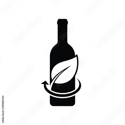 Recyclable wine bottle icon with leaf and arrow symbol for sustainable circular economy and green beverage distribution