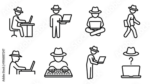 Set of black line art icons depicting a hacker in a hat using a laptop for various cyber activities, representing anonymity, espionage, and digital security threats