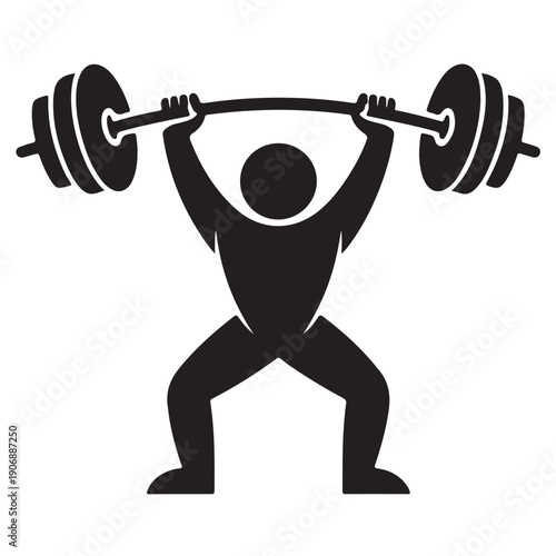Abstract silhouette of weightlifter lifting heavy barbell over head in clean and jerk snatch position isolated on transparent background for gym