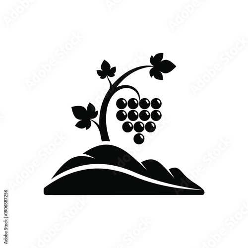 Grape vine silhouette growing on hillside for winery logo and vineyard landscape branding in minimalist vector graphic