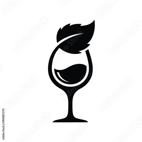 Eco wine glass with leaf isolated on white background, black and white flat vector illustration, nature concept