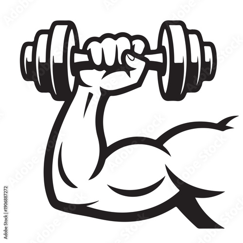 Bicep muscle arm silhouette holding heavy dumbbell for strength training and bodybuilding isolated on transparent background for fitness design