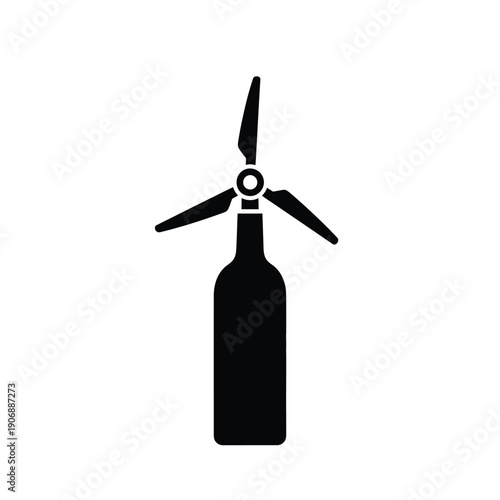 Eco wine bottle with wind turbine isolated on white background, black and white flat vector illustration, renewable energy concept