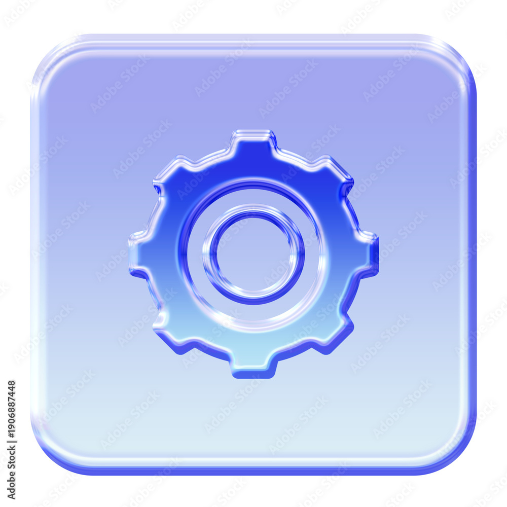 Obraz premium Glossy 3D Gear icon with a vibrant glassmorphism effect - Y2K inspired jelly settings asset in blue gradient