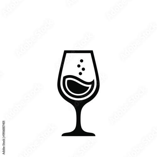 Black and white simple wine glass icon with sparkling bubbles inside isolated on white background. vector illustration