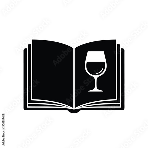 Open book silhouette featuring wine glass icon on page isolated on white background for literature and dining themes