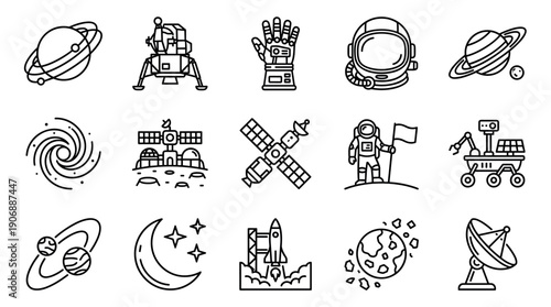 Set of space exploration line icons featuring an astronaut, rocket, planet, satellite, rover, and galaxy for science and technology themes in a minimalist black and white style