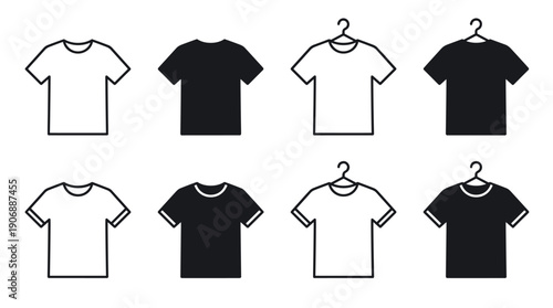 Various simple T-shirt icons in black and white, featuring both outline and solid silhouettes, some displayed on hangers, representing basic apparel for design elements