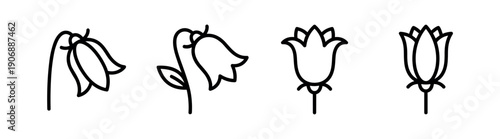 Four simple flower icons in a row, featuring stylized bellflowers and tulips depicted with clean black outlines in a minimalist, modern graphic design illustration set