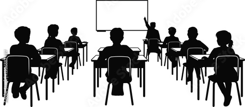Silhouette of a classroom with a teacher and students at desks vector illustration