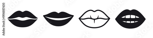 Set of four black lip icons in a minimalist graphic style showing different expressions like a smile, closed mouth, outlined lips, and an open mouth showing teeth