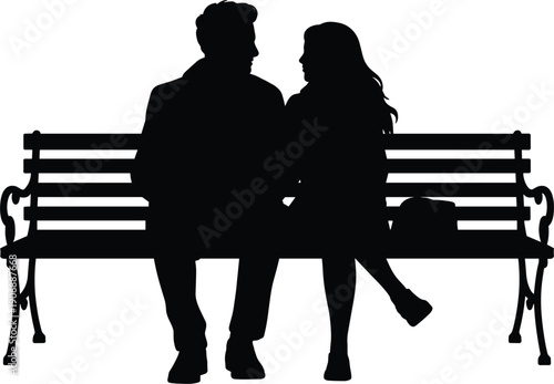 Silhouette of a couple sitting closely together on a park bench looking at each other vector illustration
