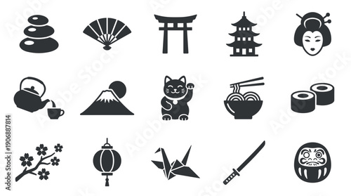 Collection of black glyph icons representing Asian culture with symbols like a torii gate, pagoda, geisha, lucky cat, sushi, and origami, illustrating traditional elements