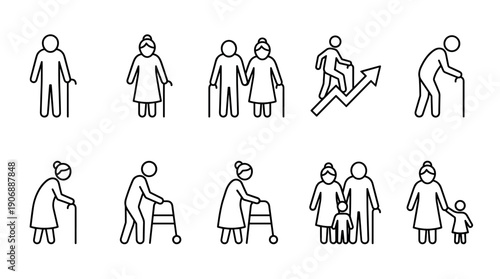 Set of black line icons representing elderly people in various situations like walking with a cane or walker, as a couple, with grandchildren, and showing an aging population concept