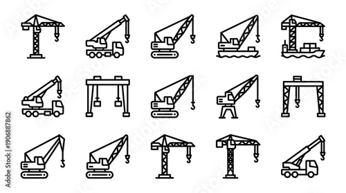 Set of crane and hoist machinery icons for construction and industrial use, featuring tower, mobile, gantry, and floating cranes in a clean black line art vector style