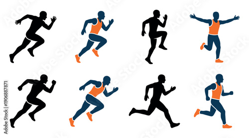 Collection of male runner silhouettes in various dynamic poses for athletics, including sprinting, jogging, and celebrating, presented in both black and colored icon styles