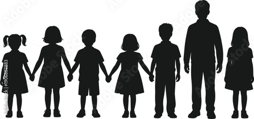 Silhouette of a man and children holding hands in a line on a white background Keywords: family, children, man, father, parent
