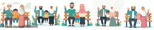 vector of muslim family sitting together on park bench waving hands