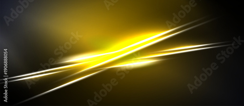 Abstract yellow lines intersect dark background. Bright glow emanates from central point, creating dynamic visual effect. Smooth gradients present.