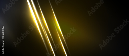 Abstract golden lines over black background. Diagonal streaks create dynamic visual effect. Bright illumination, modern design.
