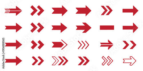Vector set of red directional arrow icons, collection of navigation pointers and vibrant next button symbols for web UI and mobile app design.