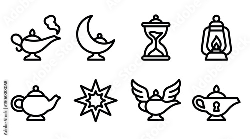 Set of black line art icons depicting magical and fantasy elements, including a genie lamp with smoke, an hourglass, a lantern, and a winged lamp in a minimalist style