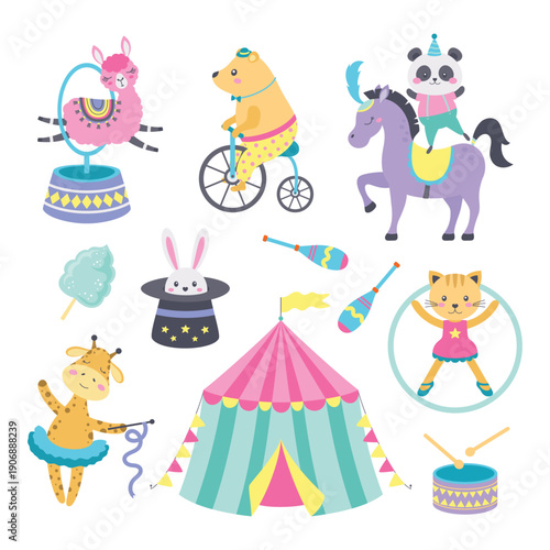 cartoon circus set, flat style