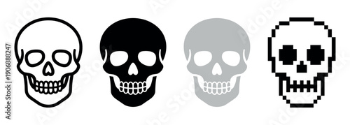 Collection of four human skull icons in a row, featuring minimalist graphic styles such as outline, solid black and grey silhouette, and 8-bit pixel art illustration