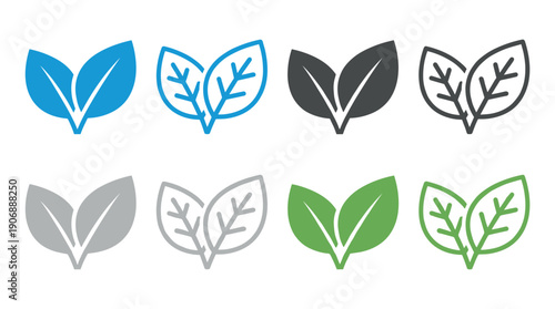 Set of colorful leaf icons in various styles including solid and outline designs for ecology and nature concepts, presented in blue, green, and grey color variations