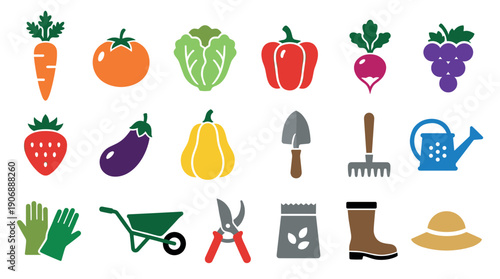 Colorful set of gardening and vegetable icons in a flat design style, featuring fresh produce and various tools like a trowel, watering can, gloves, and wheelbarrow