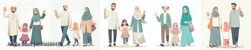 Muslim family vector walking together during Ramadan front view