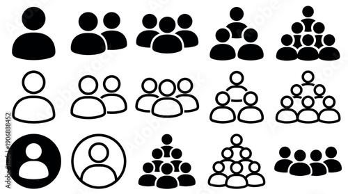 Set of black user and group icons in flat and line art styles, showing single avatars, team symbols, community pictograms, and hierarchical organization structures