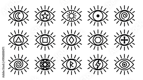 Set of black and white esoteric eye icons with various mystical, geometric, and celestial symbols inside, representing magic and spirituality