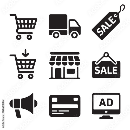 Retail and commerce solid icons set featuring shopping cart delivery truck sale tag store front credit card advertising monitor and megaphone symbols