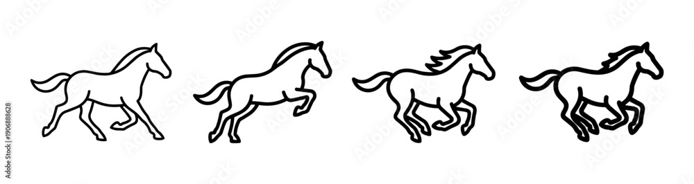 Fototapeta premium Set of four simple horse icons showing the different phases of a running animation cycle, drawn in a minimalist black and white line art style for a clean graphic element