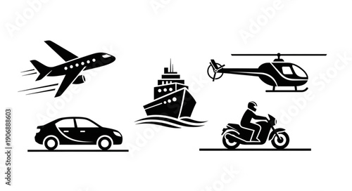 Collection of various transportation vehicle icons in silhouette.