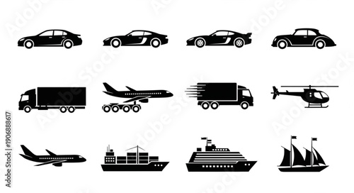Collection of various transportation vehicle icons in silhouette.